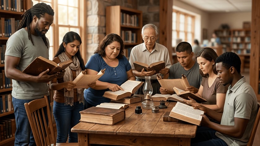 Grupo diverso de pessoas lê livros antigos e pergaminhos ao redor de uma mesa de madeira.