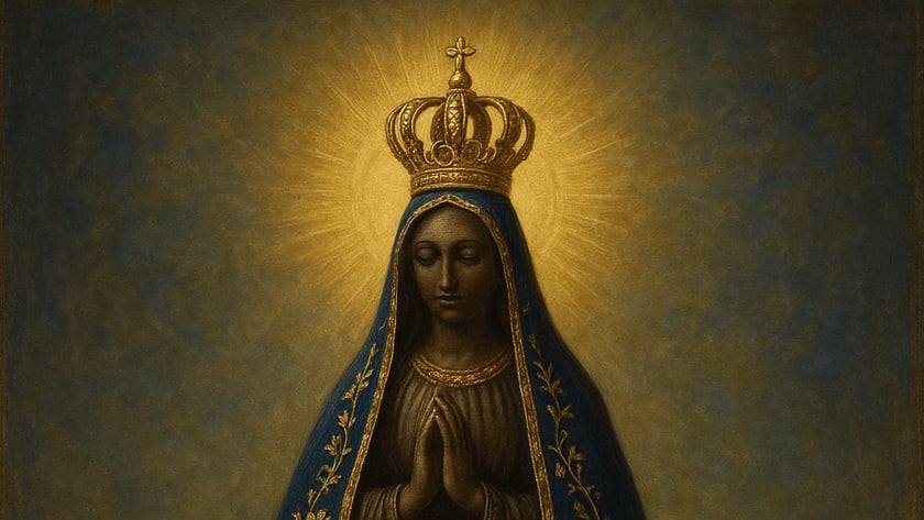 Figura feminina coroada, de mãos postas, com manto azul bordado em dourado sobre uma lua crescente.