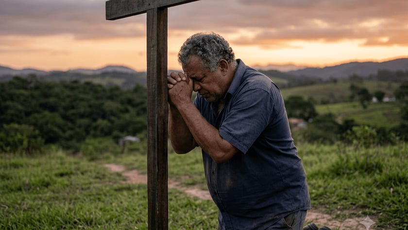 Homem de cabelo grisalho ajoelhado, com as mãos unidas apoiadas numa cruz de madeira, em um morro.