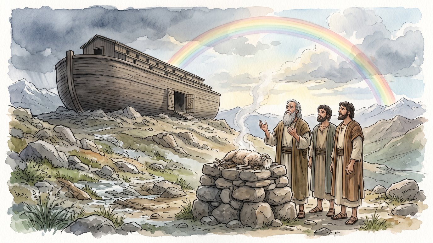Três homens diante de um altar com um cordeiro, perto de uma arca e de um arco-íris.