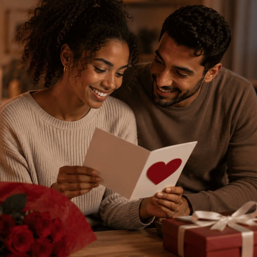 Mulher sorridente lê um cartão com coração vermelho ao lado de um homem, perto de rosas.
