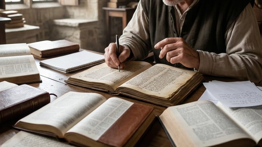 Homem grisalho de óculos escreve em livro antigo, cercado de livros abertos numa sala de pedra.