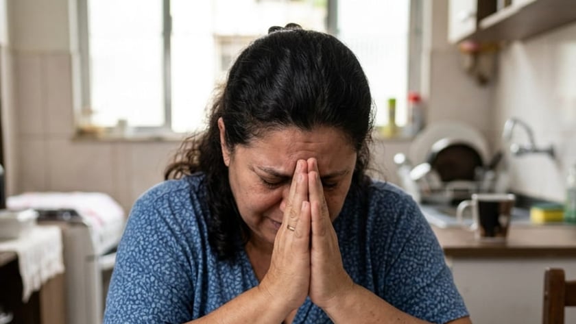 Mulher de mãos juntas diante do rosto, à mesa com contas, cartões e uma Bíblia aberta.