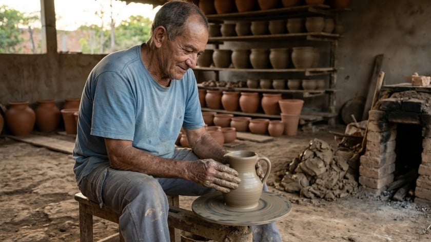 Homem idoso molda uma jarra de barro em um torno, numa olaria.