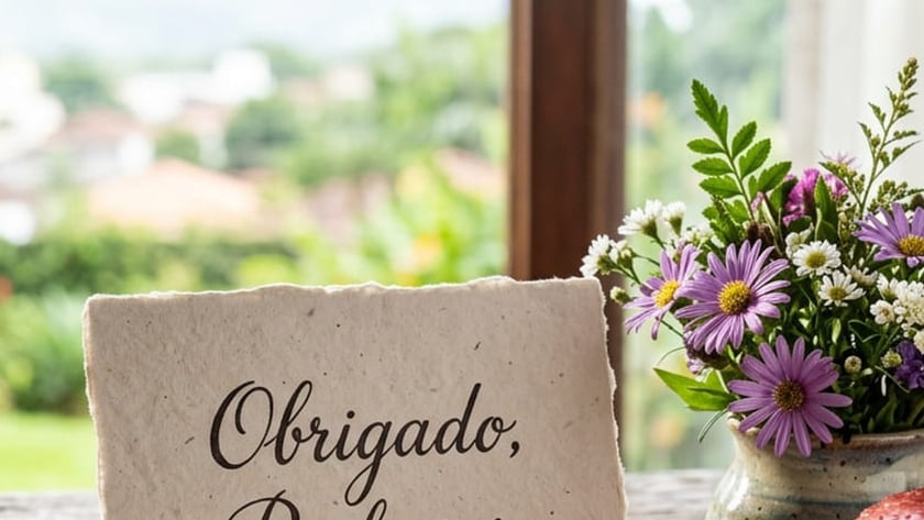 Cartão ao lado de vaso com flores e maçã: "Obrigado, Professor"