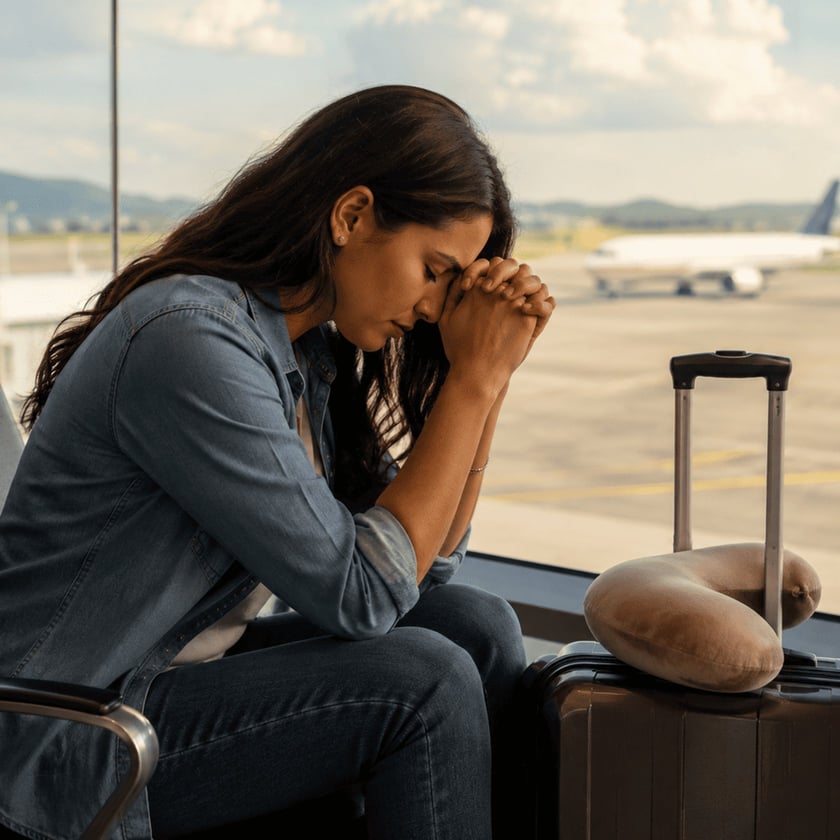 Mulher de cabelo escuro, com as mãos juntas na testa, sentada em aeroporto ao lado de mala.