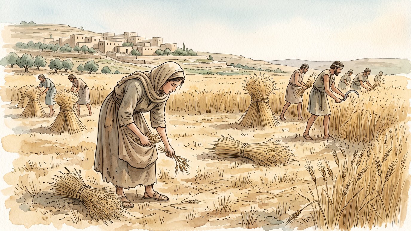 Mulher de manto recolhe espigas no chão, enquanto homens ceifam trigo num campo.