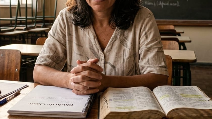 Mulher de olhos fechados e mãos juntas à mesa numa sala de aula: "Diário de Classe".