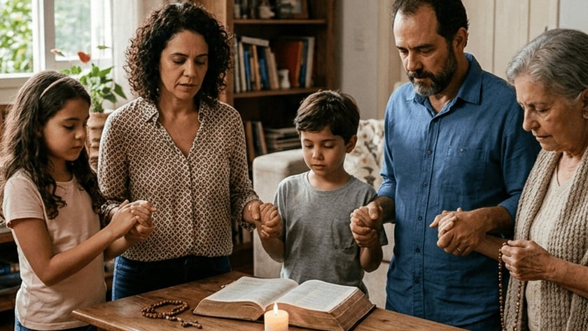 Mulher e duas crianças ajoelhadas de mãos dadas ao redor de uma mesa com Bíblia, terço e vela.