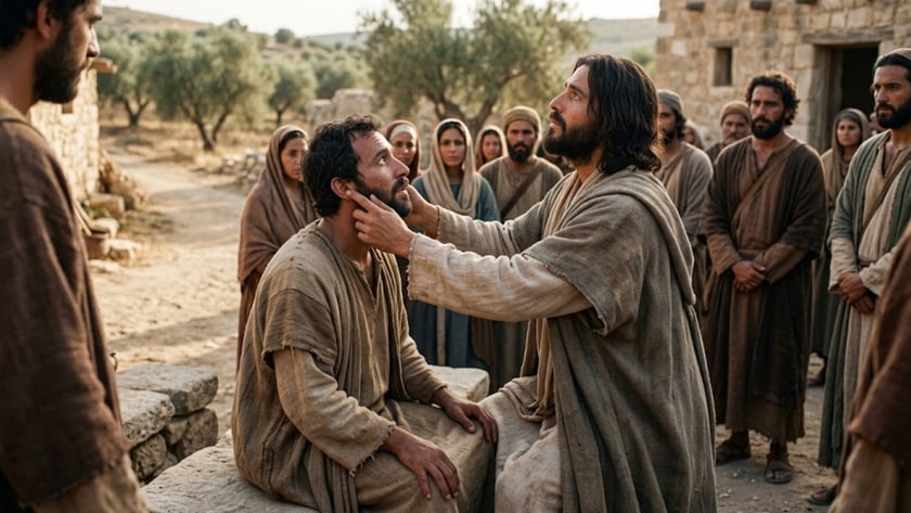 Homem de barba toca o rosto de outro sentado, diante de pessoas em vilarejo de pedra.