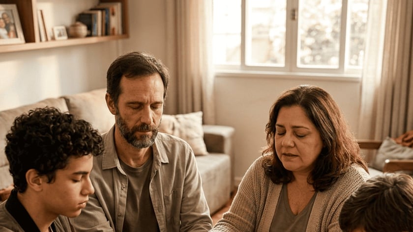 Família de quatro pessoas de mãos dadas e olhos fechados, rezando à mesa na sala.