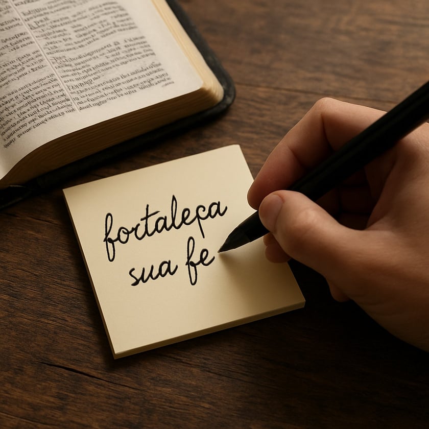Mão escreve em nota adesiva ao lado de livro: "fortaleça sua fé"