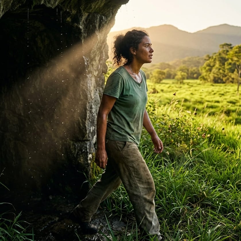 Mulher de camiseta verde e calça suja sai de uma gruta rumo a um campo verde.