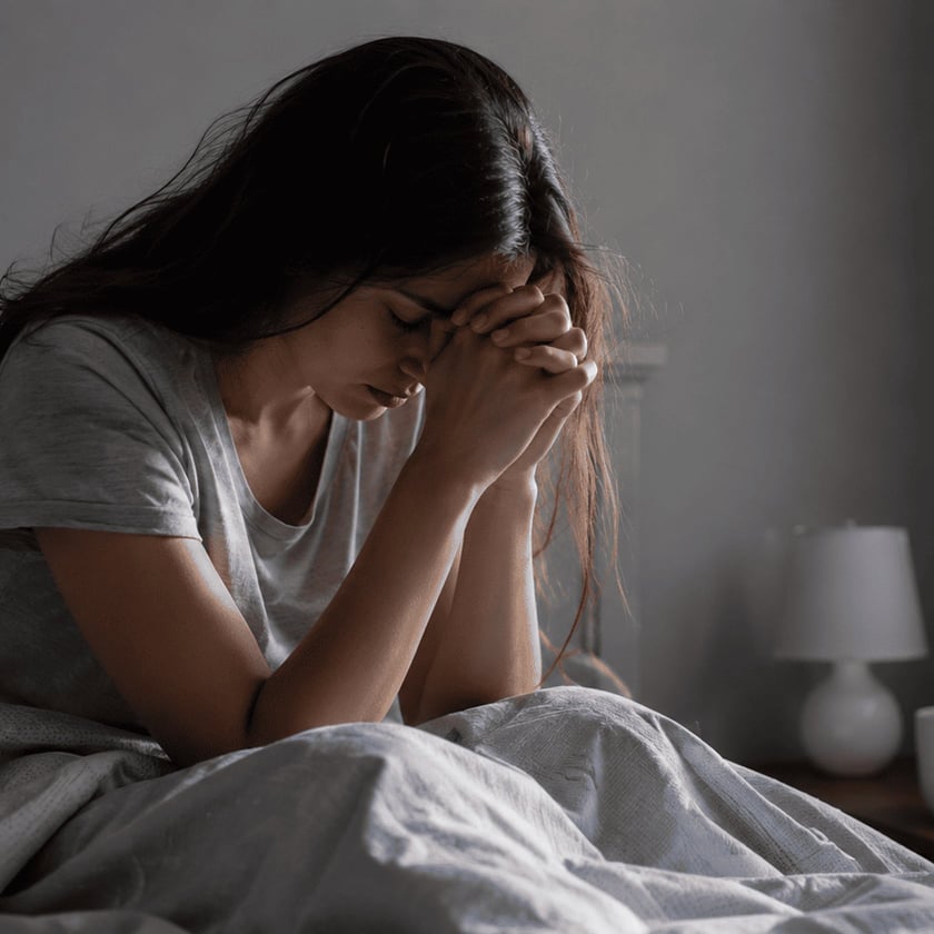Mulher de cabelos longos sentada na cama, com a cabeça apoiada nas mãos unidas.
