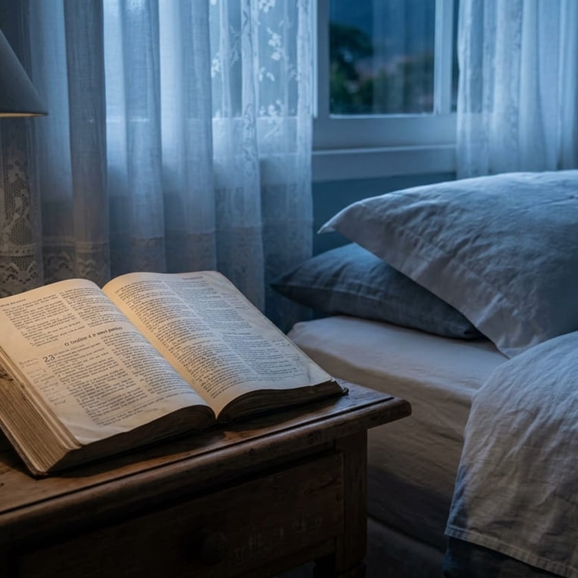 Bíblia aberta sobre mesa de cabeceira de madeira, ao lado de cama com travesseiros