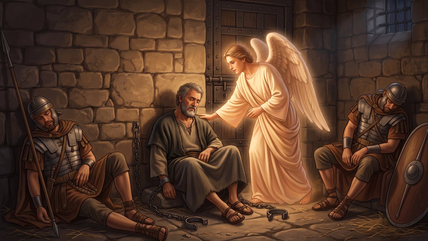 Anjo luminoso toca o ombro de homem acorrentado em cela, com dois soldados dormindo.