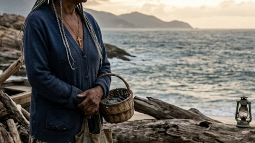 Idosa de tranças grisalhas segura cesta e bolsa numa praia com troncos secos.