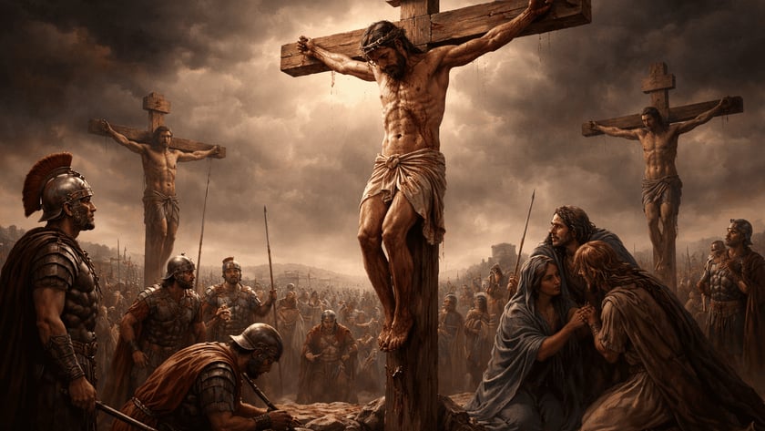 Homem coroado de espinhos crucificado entre dois outros