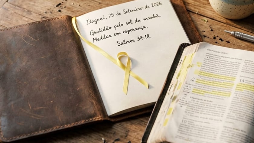 Bíblia grifada, caderno com laço amarelo e xícara de café na mesa