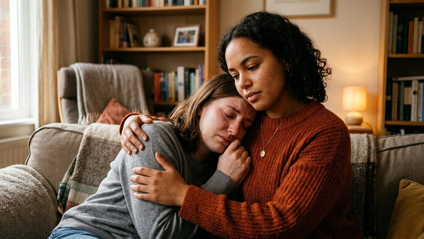 Duas mulheres sentadas no sofá, uma chorando encostada no ombro da outra, que a abraça.