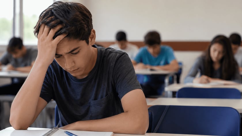 Estudante de cabelo escuro, com a mão na testa, olha para um caderno em sala de aula.
