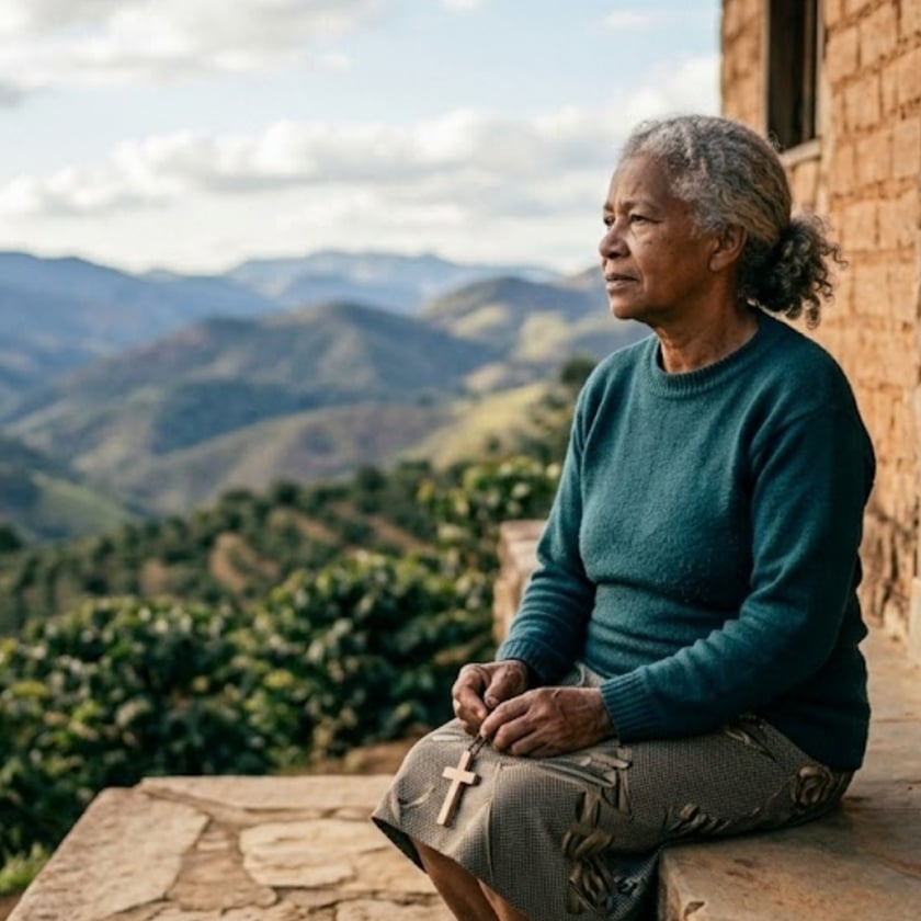 Idosa de suéter verde segura um terço de cruz, sentada diante de casa de tijolos, olhando montanhas.
