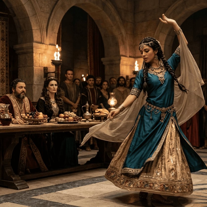 Mulher de vestido azul dança em salão de pedra diante de convidados à mesa.