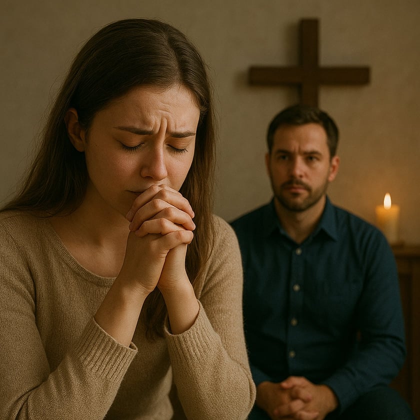 Mulher de mãos postas e olhos fechados, com um homem sentado atrás dela, diante de uma cruz.