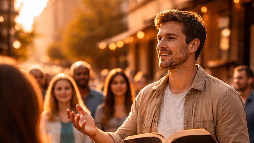 Homem sorridente segura um livro aberto e gesticula para pessoas em uma rua movimentada.
