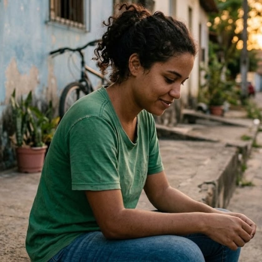 Mulher de cabelo cacheado e camiseta verde sentada na calçada, olhando para baixo