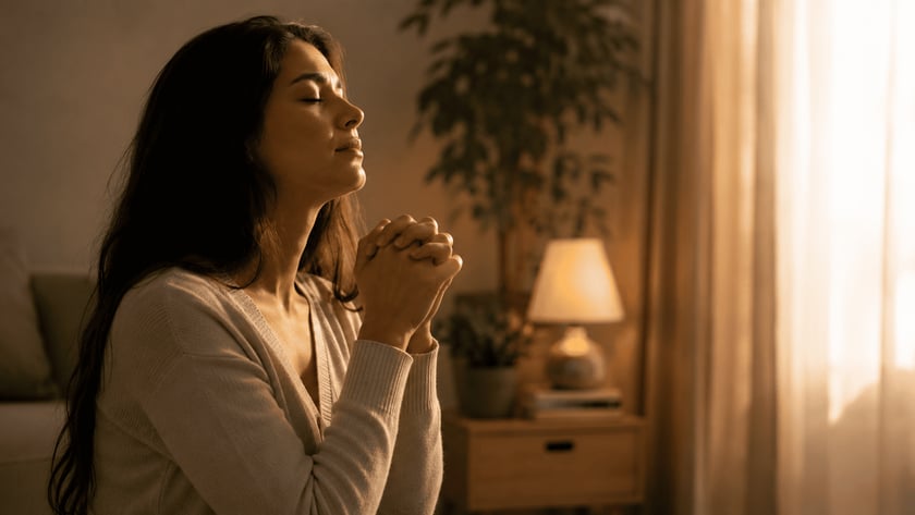 Mulher de cardigã bege, com olhos fechados e mãos entrelaçadas, ora em um quarto.