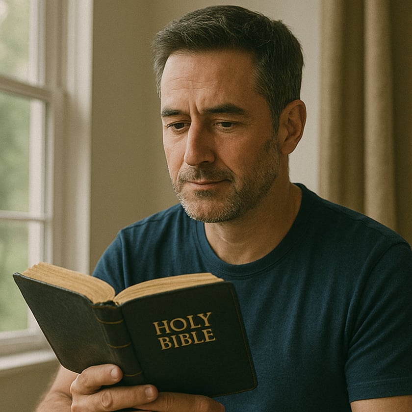 Homem de camiseta azul lê uma Bíblia perto da janela: "HOLY BIBLE".
