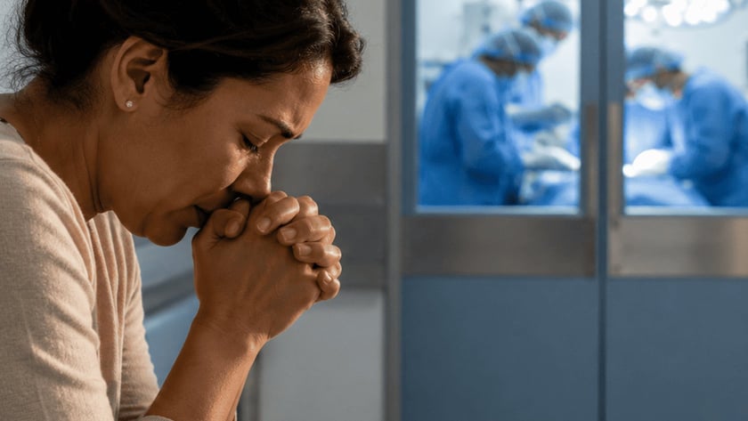 Mulher de olhos fechados e mãos unidas junto ao rosto, sentada em corredor de hospital.