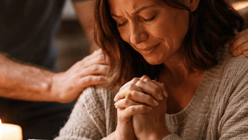 Mulher de mãos postas, de olhos fechados, com a mão de um homem em seu ombro.