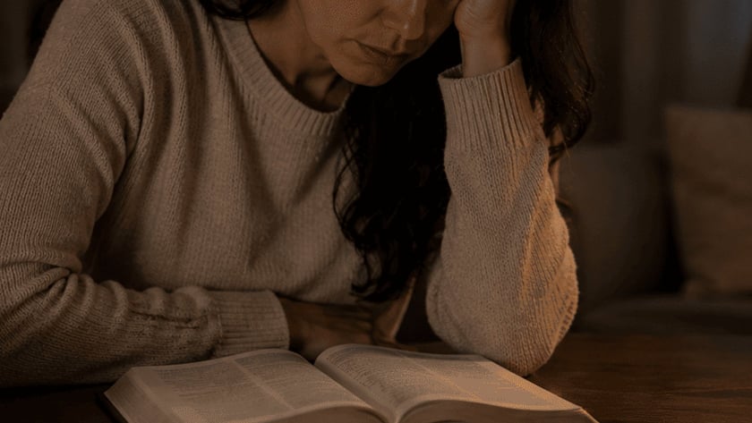 Mulher de cabelos escuros, com a mão na cabeça e olhos fechados, diante de um livro aberto.