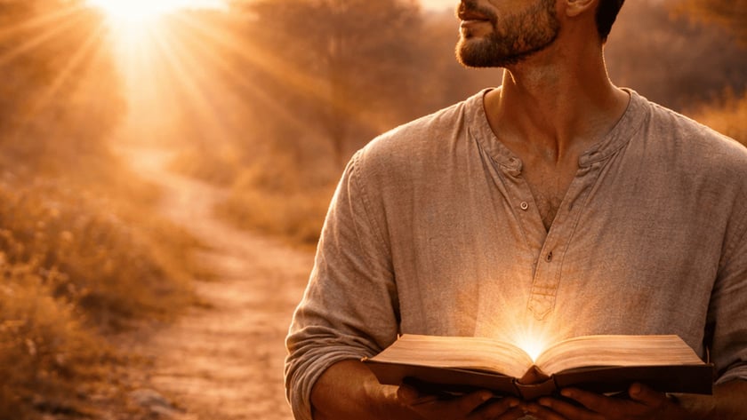 Homem barbudo segura um livro aberto que emite luz, em uma estrada de terra.