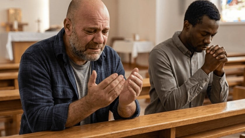 Dois homens ajoelhados rezando em bancos de madeira dentro de uma igreja.