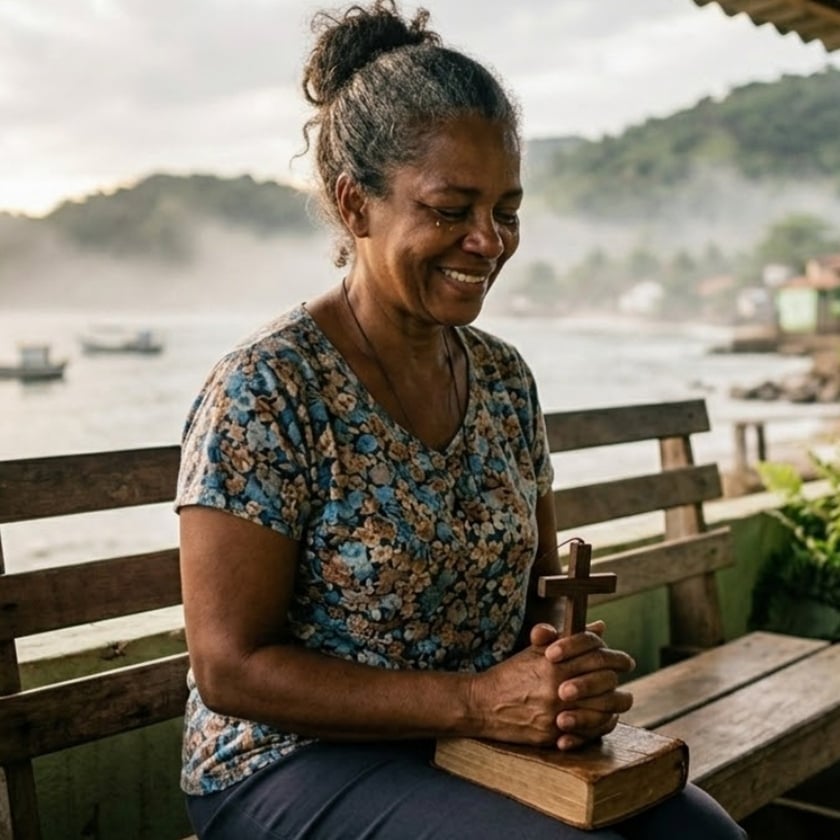 Mulher sorrindo, sentada num banco de madeira, segura uma cruz e uma Bíblia junto ao mar.
