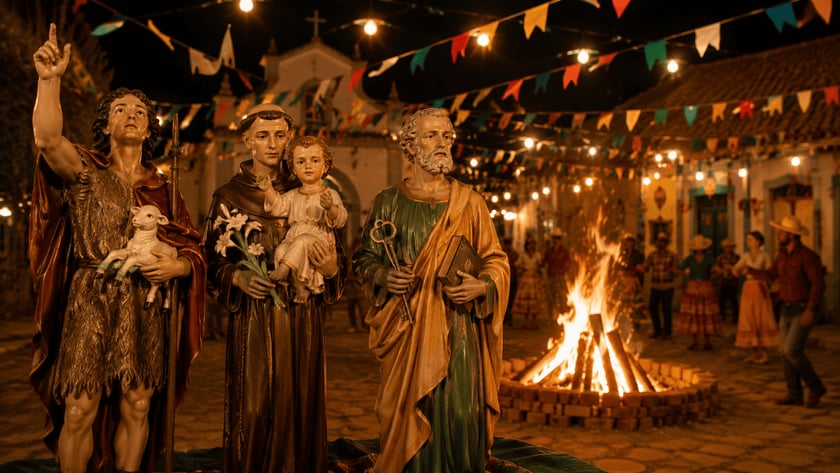 Duas estátuas de santos diante de uma fogueira em festa junina numa praça com bandeirinhas.
