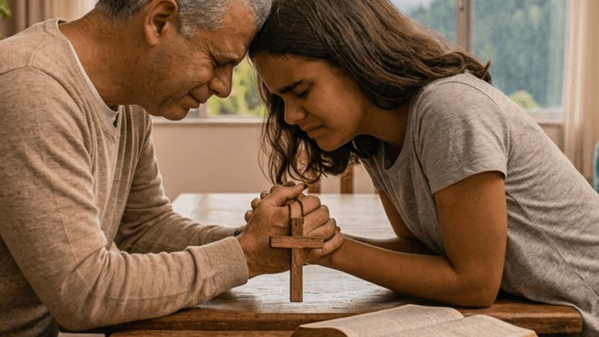 Homem e jovem rezam de mãos dadas com um crucifixo, e uma mulher reza ao fundo.