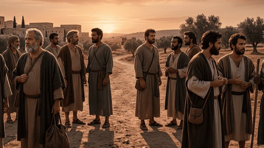 Grupo de homens com túnicas e mantos em estrada de terra ao entardecer.
