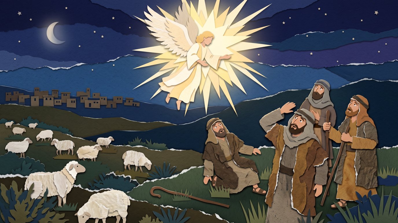 Anjo brilhante surge no céu noturno diante de três pastores e suas ovelhas no campo.