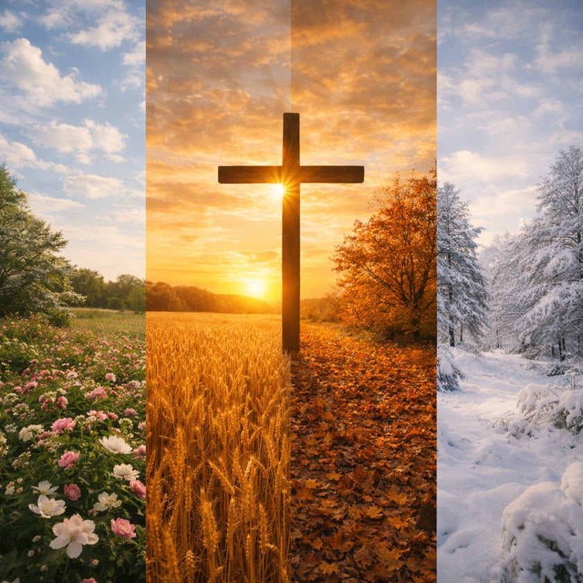 Cruz de madeira ao pôr do sol entre campos de flores, trigo, folhas de outono e neve.