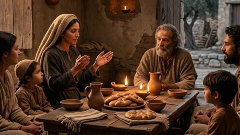Família em túnicas simples reunida em volta de uma mesa baixa com pães, jarros e lamparinas.