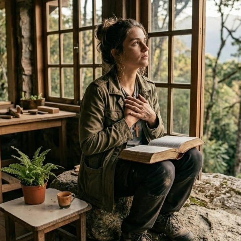 Mulher sentada numa pedra com uma Bíblia aberta no colo, olhando pela janela da cabana.