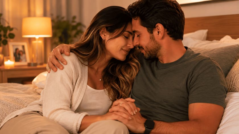 Casal sentado no sofá, de testas encostadas e mãos entrelaçadas, em ambiente aconchegante.
