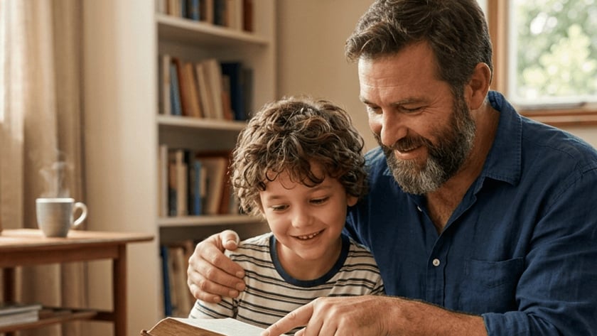 Homem barbado e menino de cabelo cacheado leem um livro grande sentados no tapete.