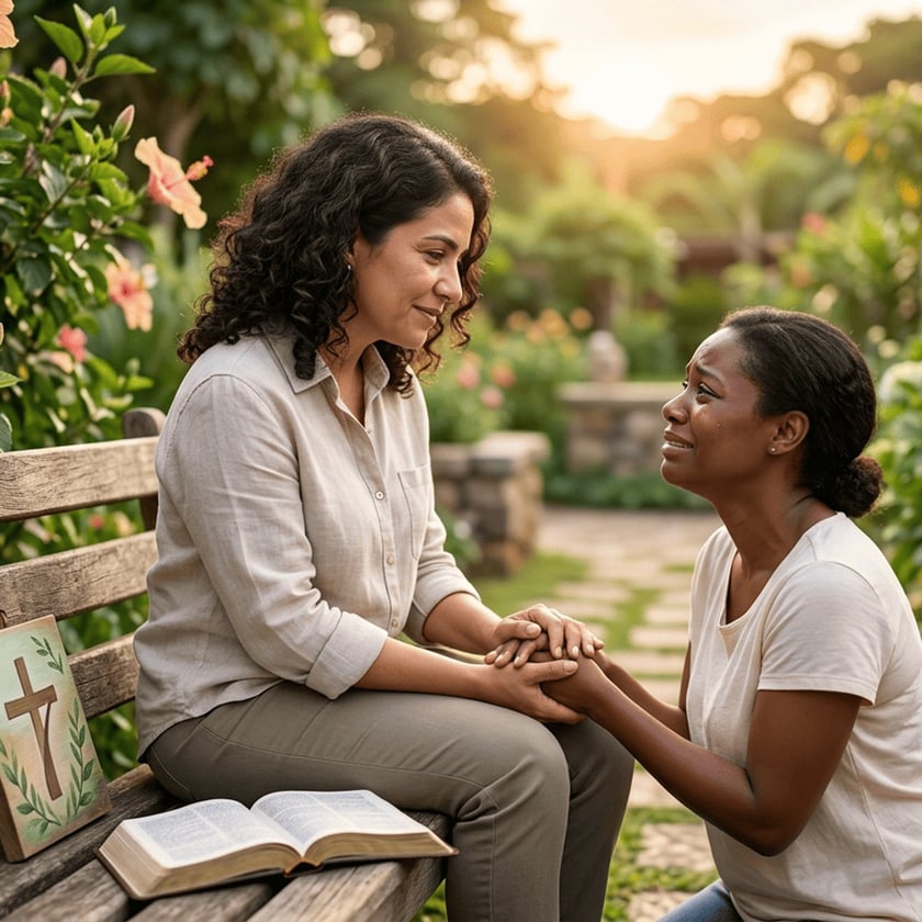 Duas mulheres de mãos dadas num banco de jardim, com uma Bíblia aberta ao lado.