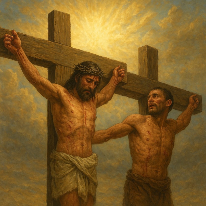 Dois homens seminus crucificados em cruzes de madeira; um tem coroa de espinhos e o outro olha