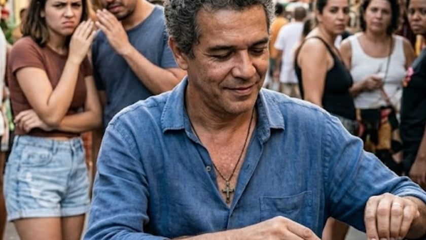 Homem de camisa azul afina um violão em uma feira de rua, com três mulheres ao fundo.